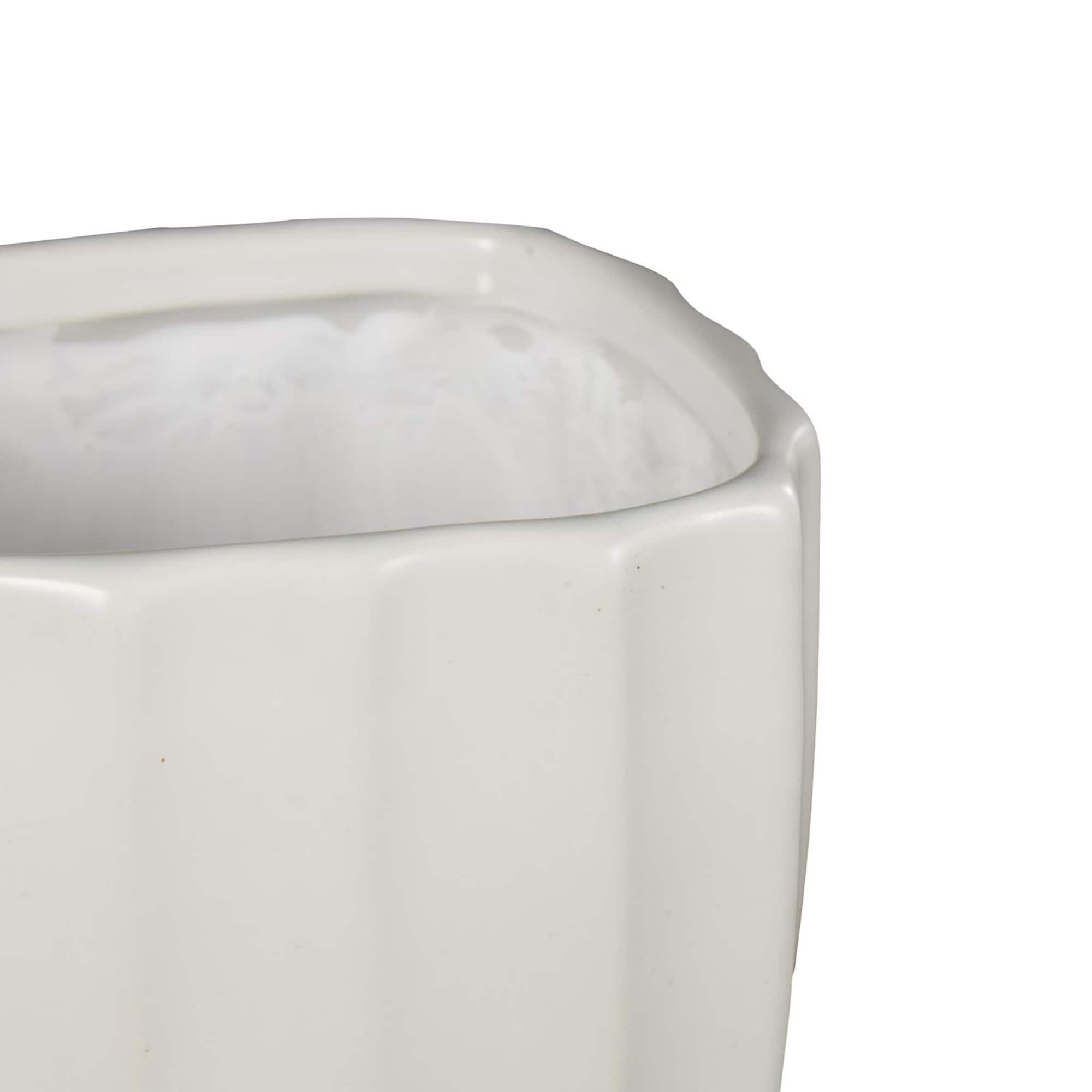 White Square Wide Groove Textured Ceramic Planter Set